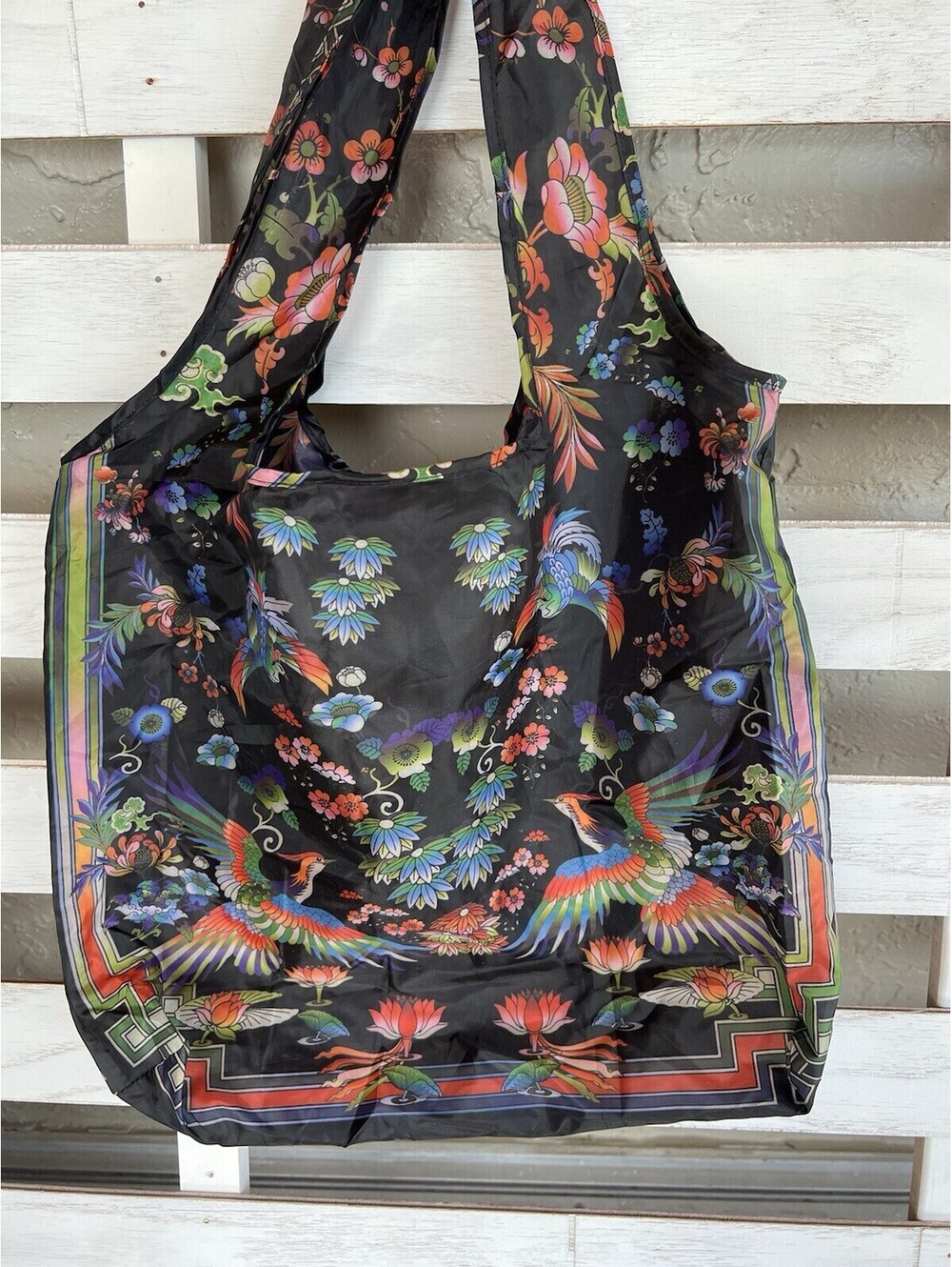 Johnny Was Reusable Shopper Tote Bag Nylon Foldable Floral Birds 18X15” EUC.